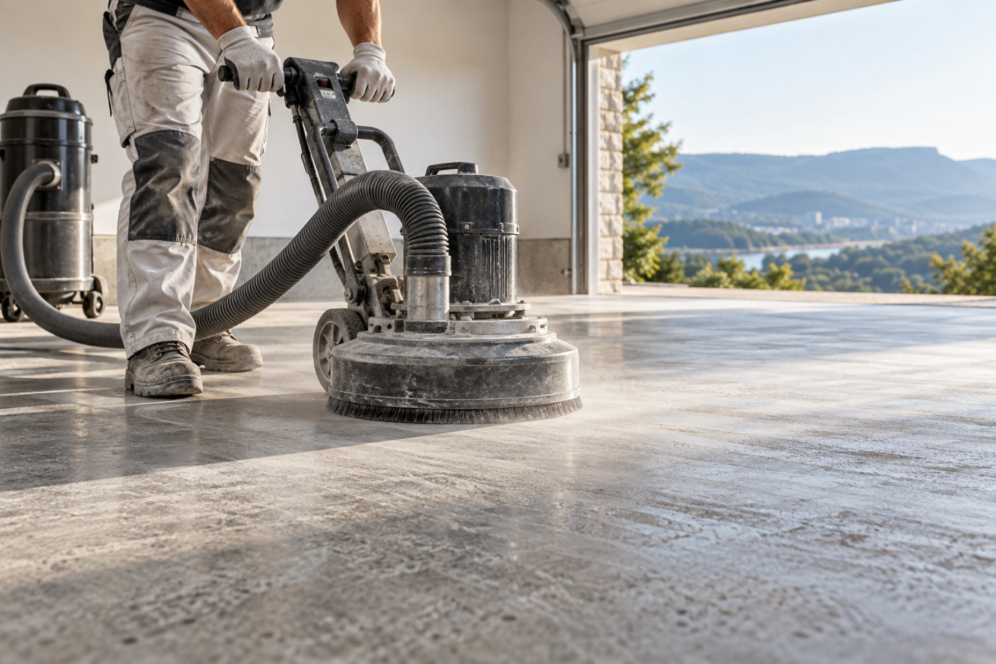 Concrete floor undergoing mechanical preparation